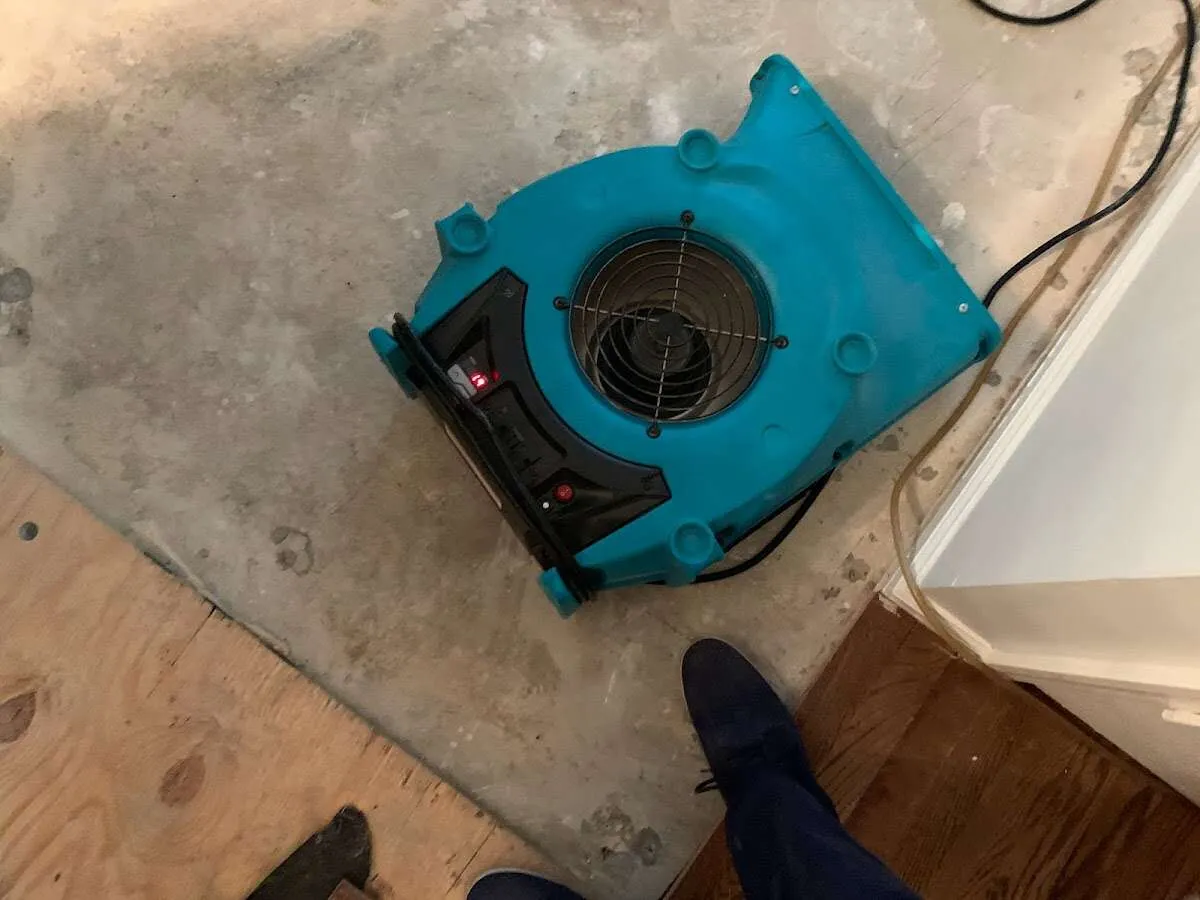 Air mover drying subfloor during Leak Detection & Repair in Timonium